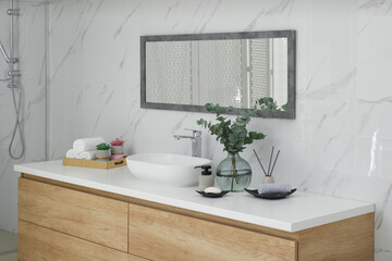 Modern bathroom interior with stylish mirror and vessel sink