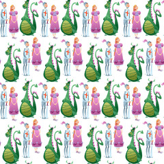 Princess, knight and dragon. Diada de Sant Jordi (the Saint George’s Day). Traditional festival in Catalonia, Spain. Seamless background pattern.