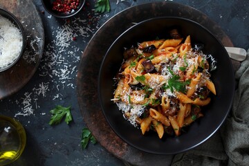 Pasta alla norma - Italian pasta with eggplant, tomato and parmesan cheese on dark table. Top view with copy space.