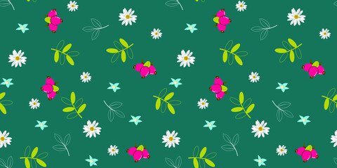 Cute seamless pattern with flowers and berries and leaves. For packaging, paper, cards, wallpaper, textile and any surfaces. Vector pattern. 