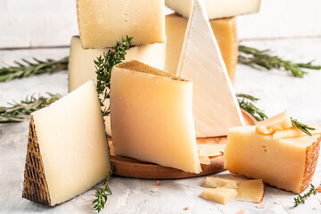 Various types of assorted manchego cheese composition, traditional spanish cheese
