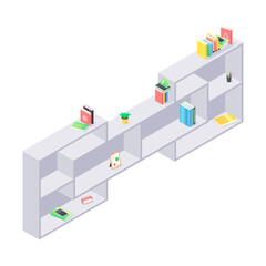 Books and chancellery on gray wooden bookshelf in isometric vector. Stacks of hard cover paper literature in shelf for education home or university interior. Rack with various home studying objects.