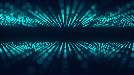 Digital background with moving glowing particles. Futuristic hi-tech illustration. Concept of data transfer in cyberspace. Big data visualization. 3d rendering.
