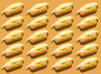 A pattern of sausage, cheese, and salad sandwiches on a light brown background. Grocery background.
