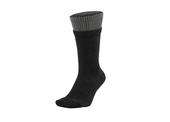 Black color socks isolated on white background. One pair of socks. Set of black socks for sports on foot as mock up for advertising, branding, design mockup, isolated, clipping path.