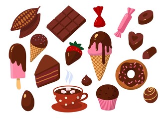 Carton style vector, set of chocolate sweets. All uses of chocolate. Cocoa bean in cooking. Delicious food, cheat meal day. Bright illustration
