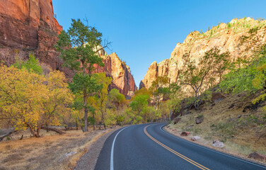 Beautiful scenery, views of an incredibly scenic road surrounded by rocks and mountains in Zion National Park, Utah, USA.
