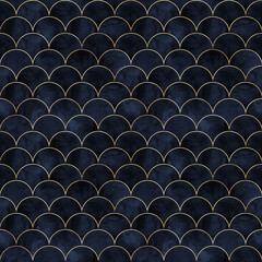 Luxury waves japanese mermaid fish scale golden indigo seamless pattern © Olga