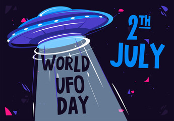 Vector illustration of a flying saucer with a projection light on the background of outer space, web banner for World UFO Day on July 2