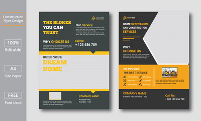 Illustration of a set of design templates for a corporate business construction company. Construction Renovation Flyer Template.
