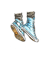 illustration with blue sneakers and hanging legs