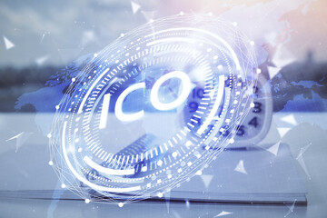 Double exposure of blockchain theme drawings and desk with open notebook background. Concept of Crypto currency