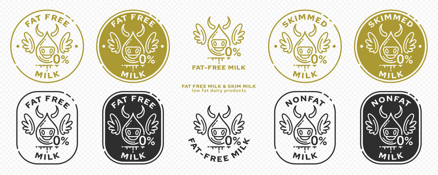 Concept For Product Packaging. Labeling - Skim Milk. Fatty Milk Drop Icon With Cow, Wings - Symbol Of Freedom From The Ingredient. 0% Fat In Dairy Products. Vector Set.