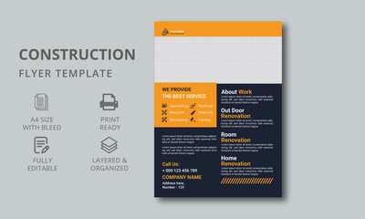 Construction Flyer Template with Graphics Icons. Template design elements corporate construction company. a4 flyer template.