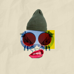 Hipster face made of eyeglasses, female mouth and dogs. Negative space to insert your text. Modern design. Contemporary colorful and conceptual bright art collage, art collage. Visual art.