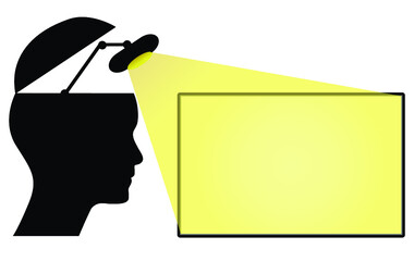Open minded head with lamp and board for use in business projects and presentations. Think out of the box infographics concept illustration.