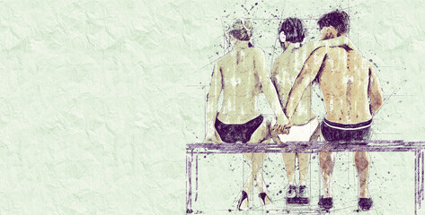 Betrayal Concept. 2+1 Two women and one man. Love triangle. Young people in the summer on the beach. Sketch drawing in pencil style. Horizontal orientation with copy space