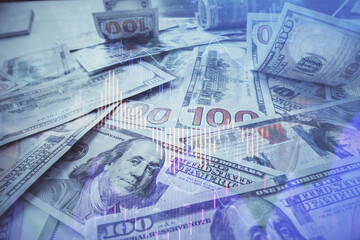 Multi exposure of forex chart drawing over us dollars bill background. Concept of financial success markets.