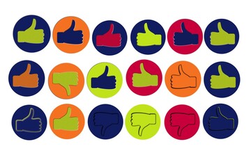 Hand, thumbs up, thumbs down, like, class. Icons in a circle of blue, red, orange and yellow on a white background