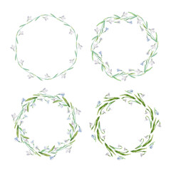 Floral watercolor Frame Collection with spring flowers. Set of cute retro snowdrops arranged in the shape of the circle for greeting, wedding invitations, and birthday cards