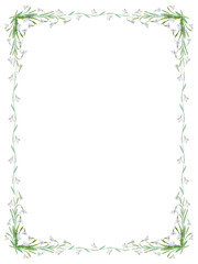Snowdrops vector frame. Watercolor painted snowdrops and leaves on white background. Natural spring design for holiday, greeting, and invitation cards.