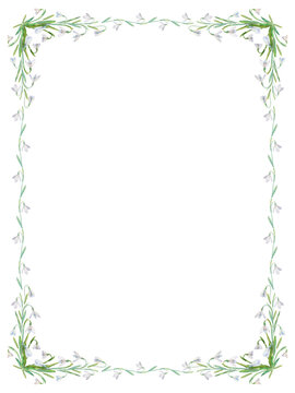 Snowdrops vector frame. Watercolor painted snowdrops and leaves on white background. Natural spring design for holiday, greeting, and invitation cards.