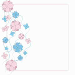 Vector floral motif. Romantic and delicate design of pink and blue flowers and creepers on a white background. Template for greeting cards, wedding, and holiday decoration