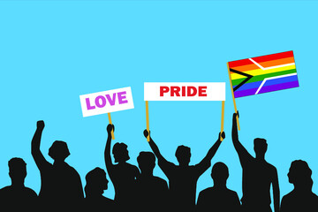 Vector illustration of the crowd that is expressing its attitude regarding to LGBTQ pride of South Africa on white background. Love and Pride posters.