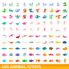 100 animal icons set. Cartoon illustration of 100 animal icons vector set isolated on white background