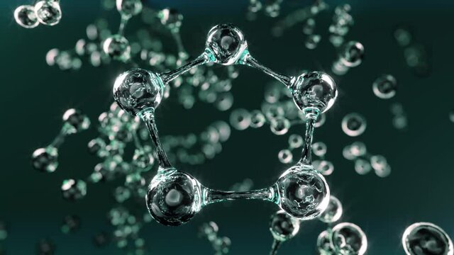 Individual atoms vibrate and combine into pentagonal molecules. The concept of creating a new structure, innovative product, medicine, material.