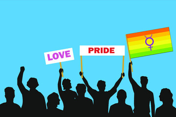 Vector illustration of the crowd that is expressing its attitude regarding to hermaphrodite pride on white background. Love and Pride posters.