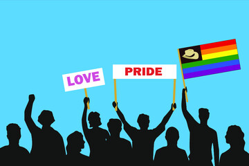 Vector illustration of the crowd that is expressing its attitude regarding to Cowboy pride (LGBTQ rainbow version) on white background. Love and Pride posters.