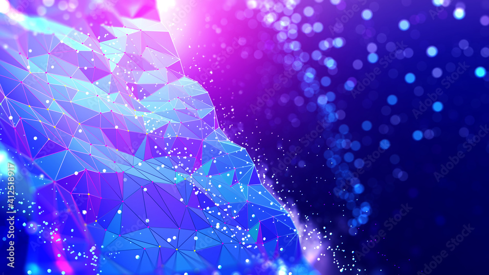 Poster Abstract neural network 3D illustration. Big data concept. Global database and artificial intelligence. Bright, colorful background with bokeh effect