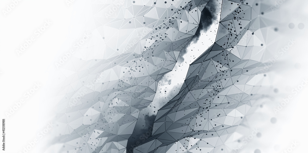Poster Big data 3D illustration. Neural network and cloud technologies. Global database and artificial intelligence. Bright, black and white background with bokeh effect
