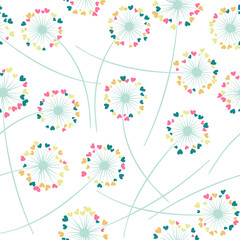 Dandelion blowing plant vector floral seamless pattern. Flowers with heart shaped petals.