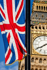 Fototapeta na wymiar Union Jack in front of Big Ben, London, United Kingdom