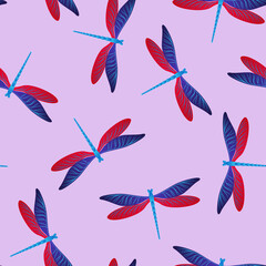 Dragonfly cool seamless pattern. Summer clothes textile print with darning-needle insects. Flying