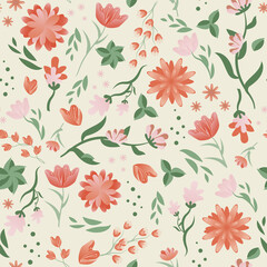 Folkloric floral print with fantasy flowers, seamless pattern of bright fabulous flowers for fabric.