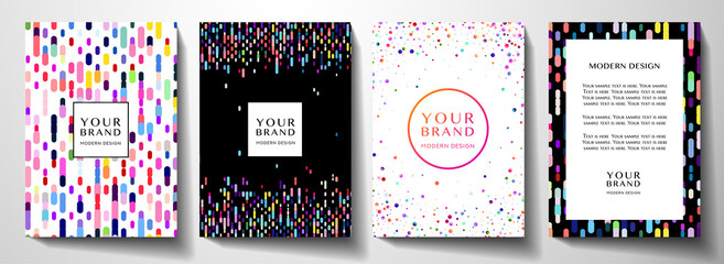 Modern colorful cover design set with circular dots and vertical rainbow lines. Creative multi colored pattern on black and white background. Collection useful for notebook, holiday poster, brochure