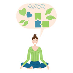 The girl meditates and calms down, the mind along with the heart and body in cartoon style isolated on a white background. Vector illustration, the concept of calm, a woman in a lotus position sitting