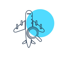 Airplane search icon. world travel airplane icon. find airplane schedule and ticket icon with vector illustration and flat style.