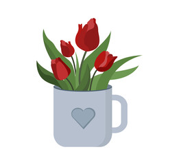 Bouquet of red tulips flowers in a cup. Spring illustration for your design and greetings, postcards card for your loved ones