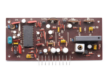 used retro electronic board old school tube tv. isolated on white background.