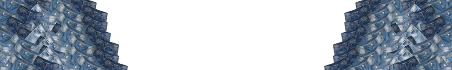 Two huge piles of blue jeans isolated on white background. Jeans have white faded spots, ripped holes. Banner size, copy space in the middle. Clothing, online store concepts