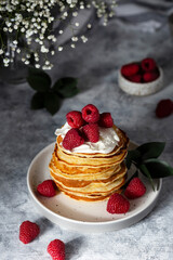 pancakes with fresh raspberry and sour cream