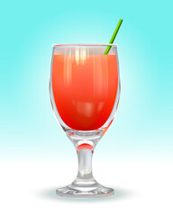 Realistic vector design. Glass of strawberry juice isolated on the light blue background.