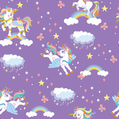 Seamless vector pattern cute unicorns in sky purple
