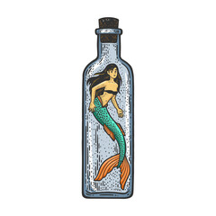Mermaid in bottle fabulous woman creature color sketch engraving vector illustration. T-shirt apparel print design. Scratch board imitation. Black and white hand drawn image.