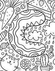 Fototapeta premium Coloring page Alphabet for kids with cute characters in doodle style. ABC coloring page - letter