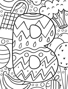 Coloring page Alphabet for kids with cute characters in doodle style. ABC coloring page - letter